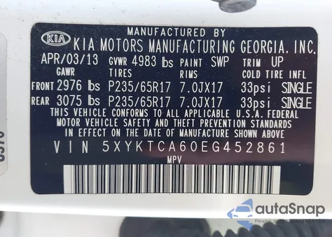 2014 Kia Sorento Lx z USA, uszkodzony, nr VIN 5XYKTCA60EG452861